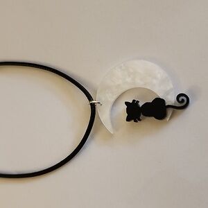 Black Cat Acrylic White Moon Accented NECKLACE